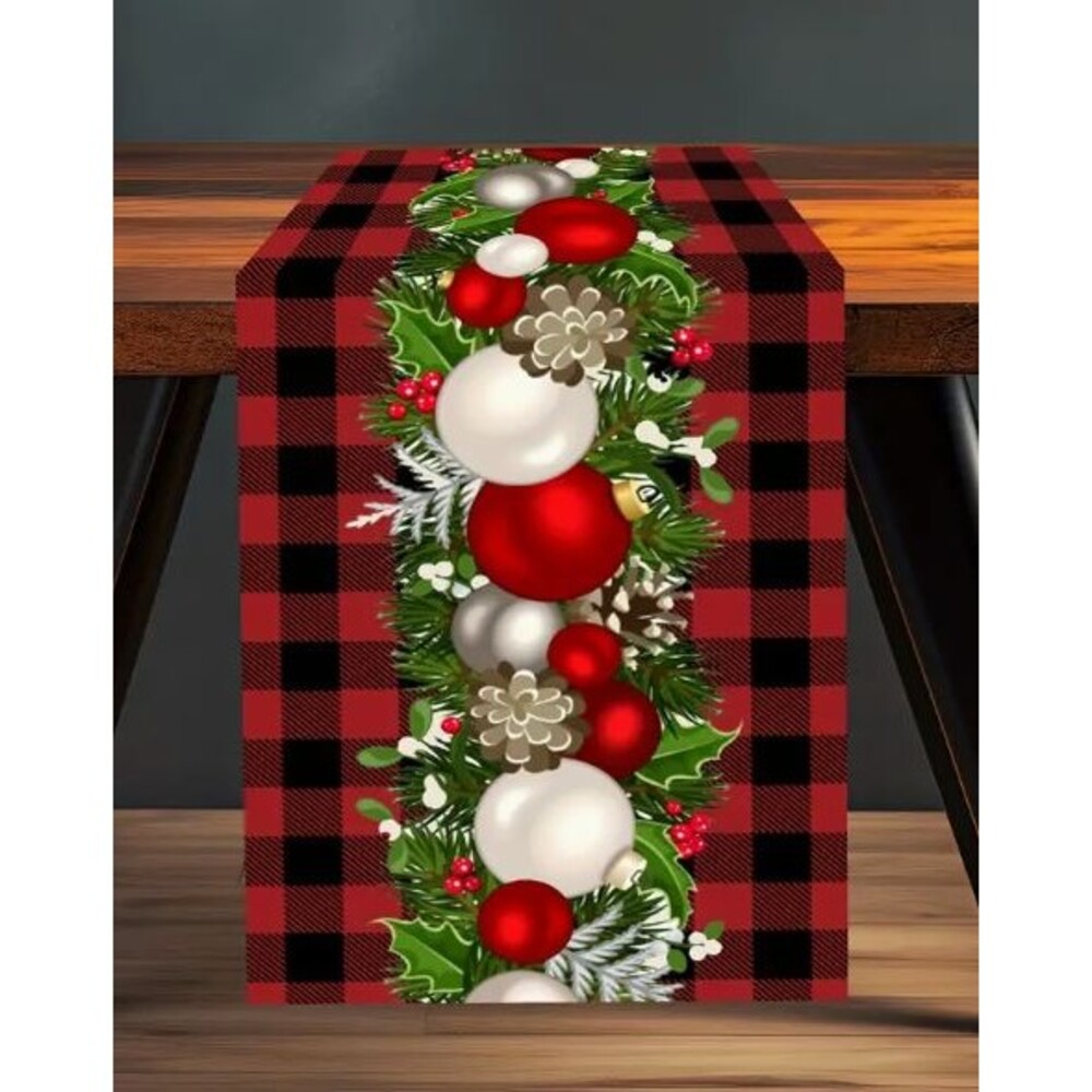 Christmas Table Runner 13x108in Woven Polyester Red & Black Check w/ Garland